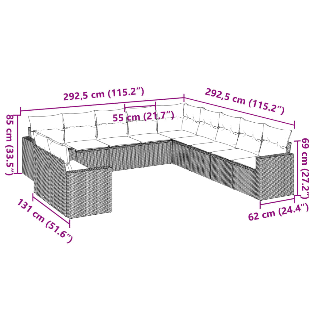 11-tlg. Garten-Sofagarnitur mit Kissen Braun Poly Rattan