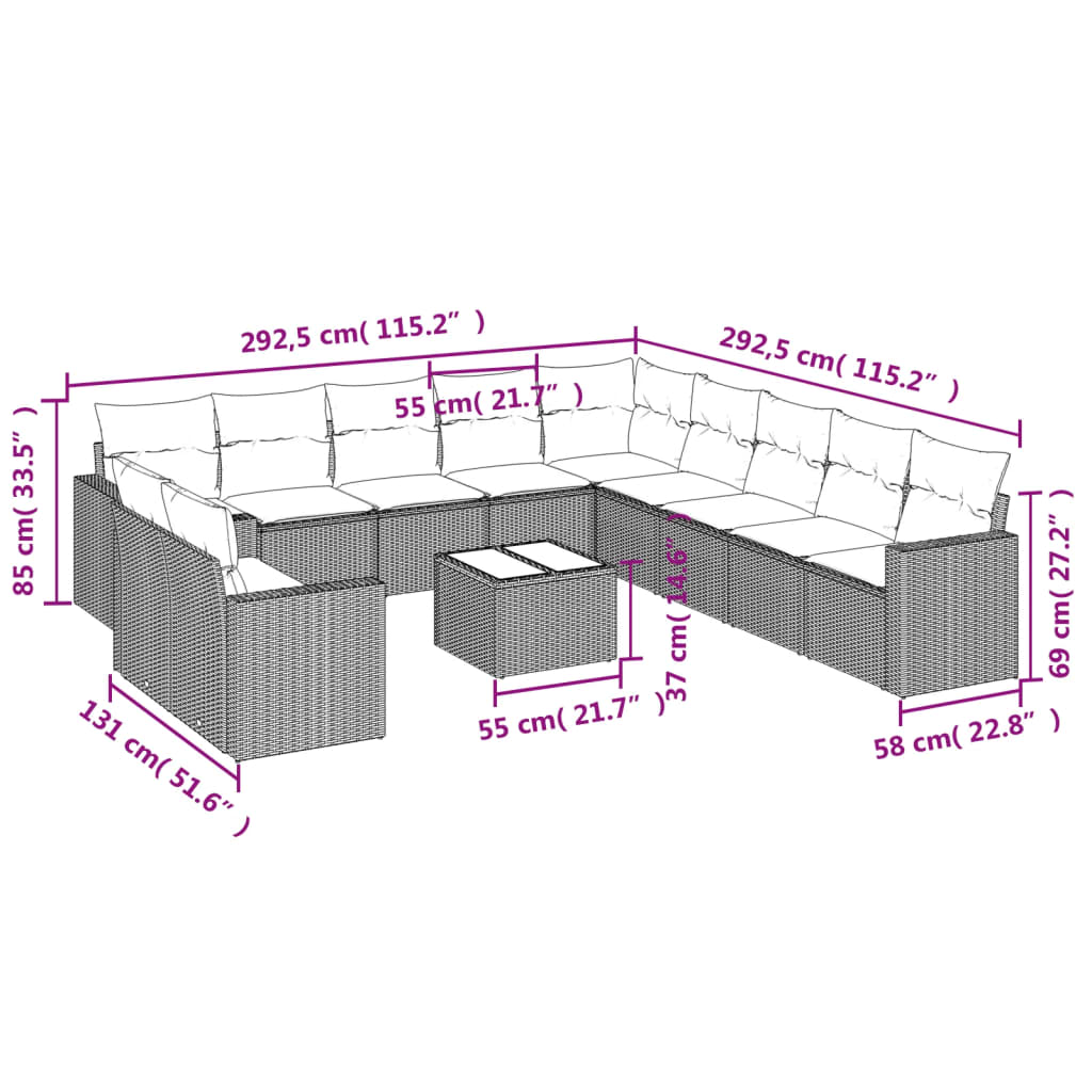 12-tlg. Garten-Sofagarnitur mit Kissen Braun Poly Rattan