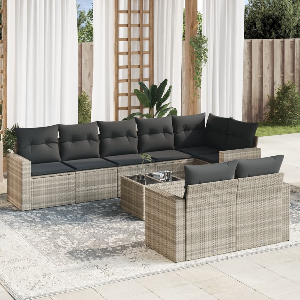 9-tlg. Garten-Sofagarnitur mit Kissen Hellgrau Poly Rattan