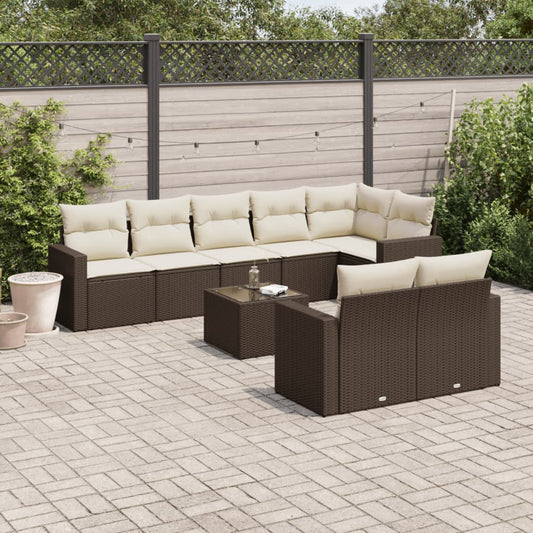 9-tlg. Garten-Sofagarnitur mit Kissen Braun Poly Rattan