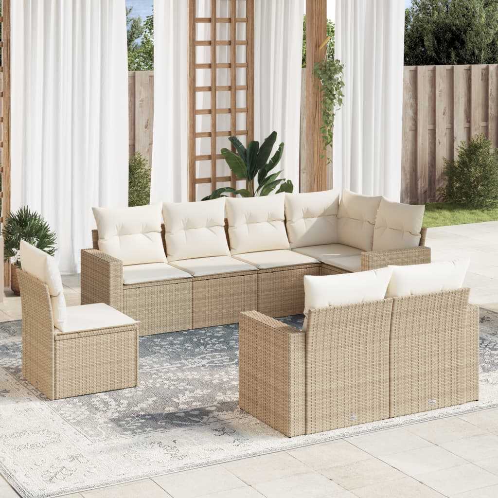 8-tlg. Garten-Sofagarnitur mit Kissen Beige Poly Rattan