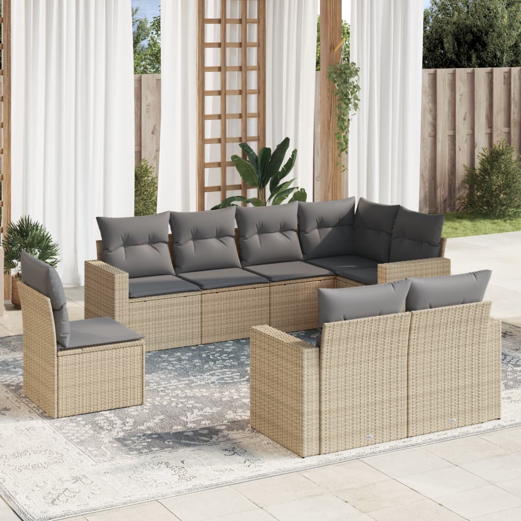 8-tlg. Garten-Sofagarnitur mit Kissen Beige Poly Rattan