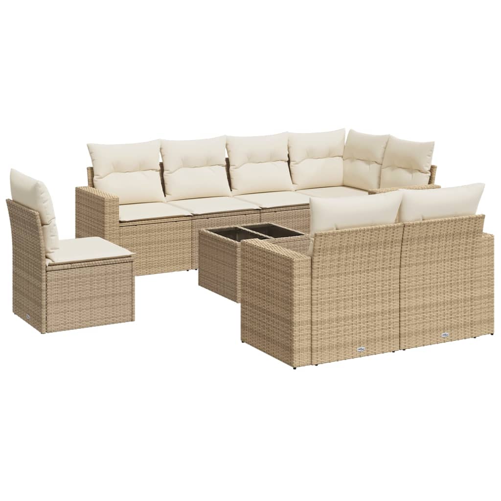 9-tlg. Garten-Sofagarnitur mit Kissen Beige Poly Rattan