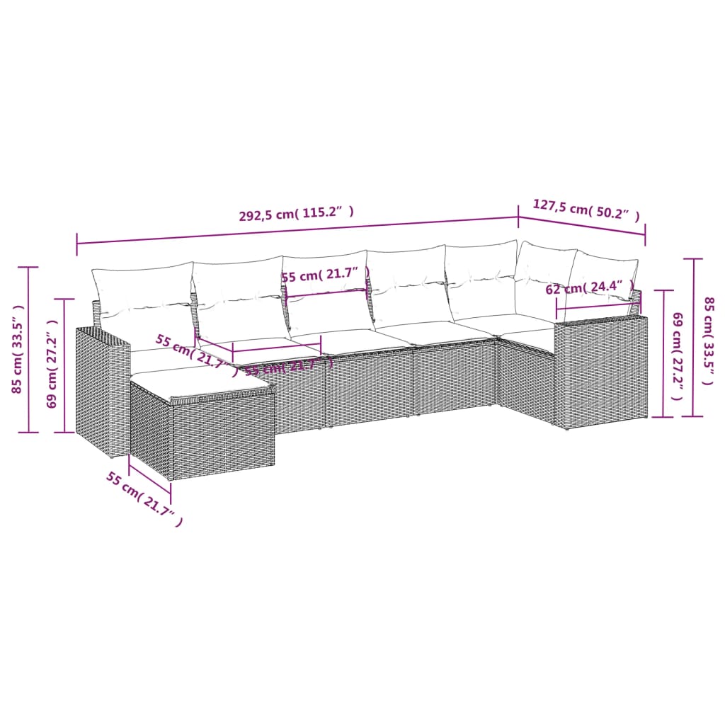 7-tlg. Garten-Sofagarnitur mit Kissen Schwarz Poly Rattan