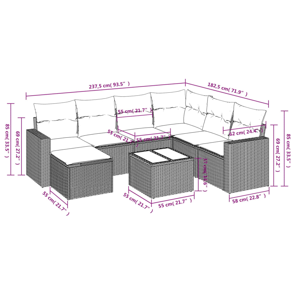 8-tlg. Garten-Sofagarnitur mit Kissen Grau Poly Rattan