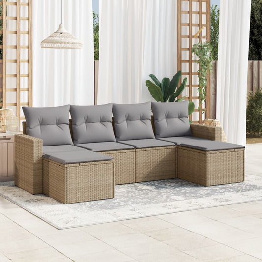 6-tlg. Garten-Sofagarnitur mit Kissen Beige Poly Rattan