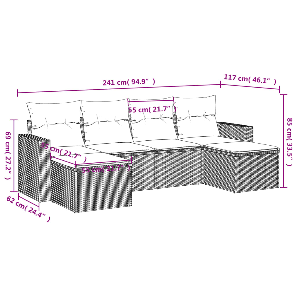 6-tlg. Garten-Sofagarnitur mit Kissen Grau Poly Rattan