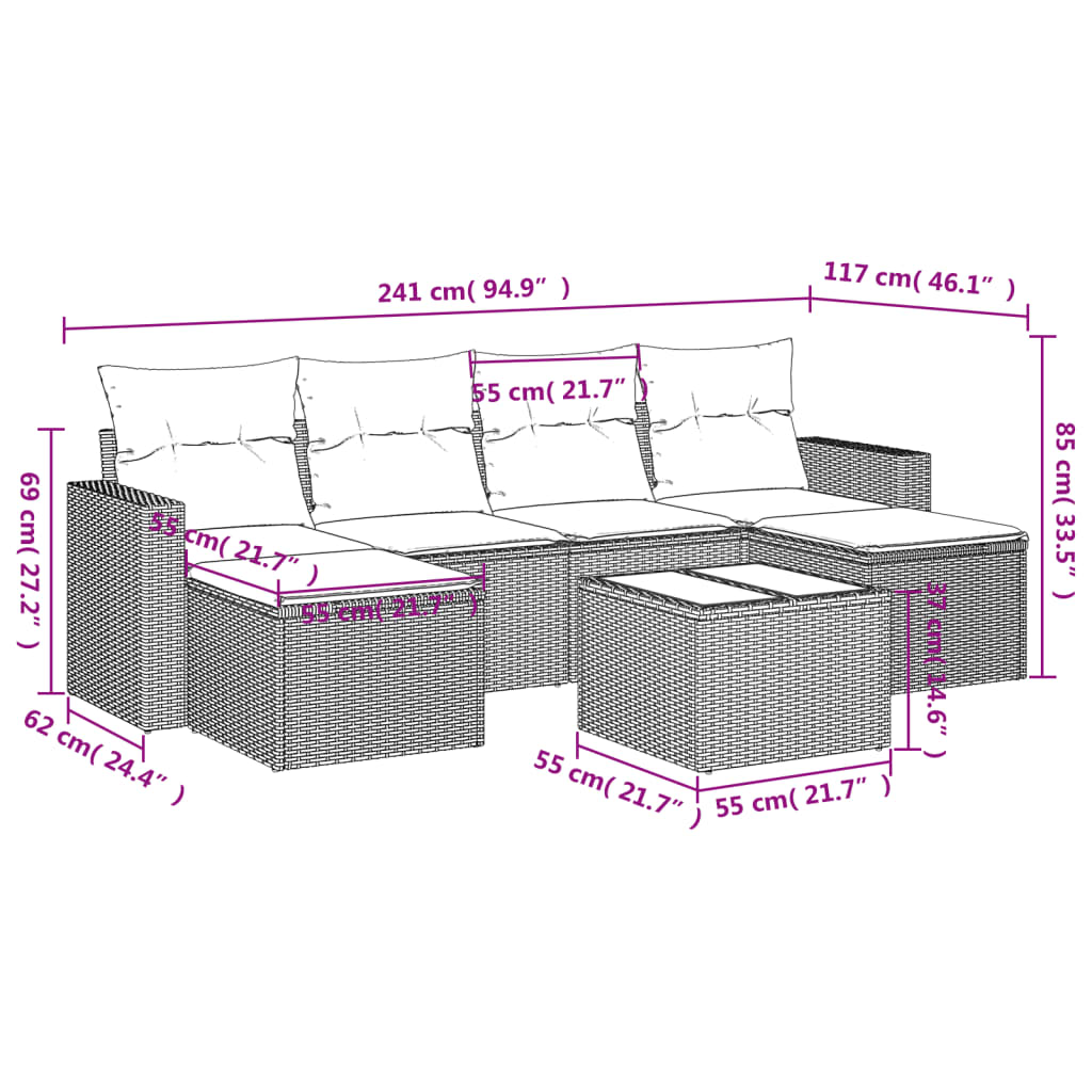 7-tlg. Garten-Sofagarnitur mit Kissen Braun Poly Rattan