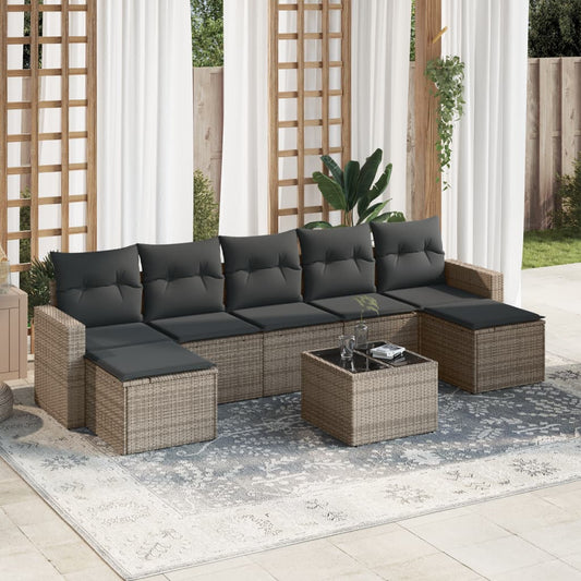 8-tlg. Garten-Sofagarnitur mit Kissen Grau Poly Rattan