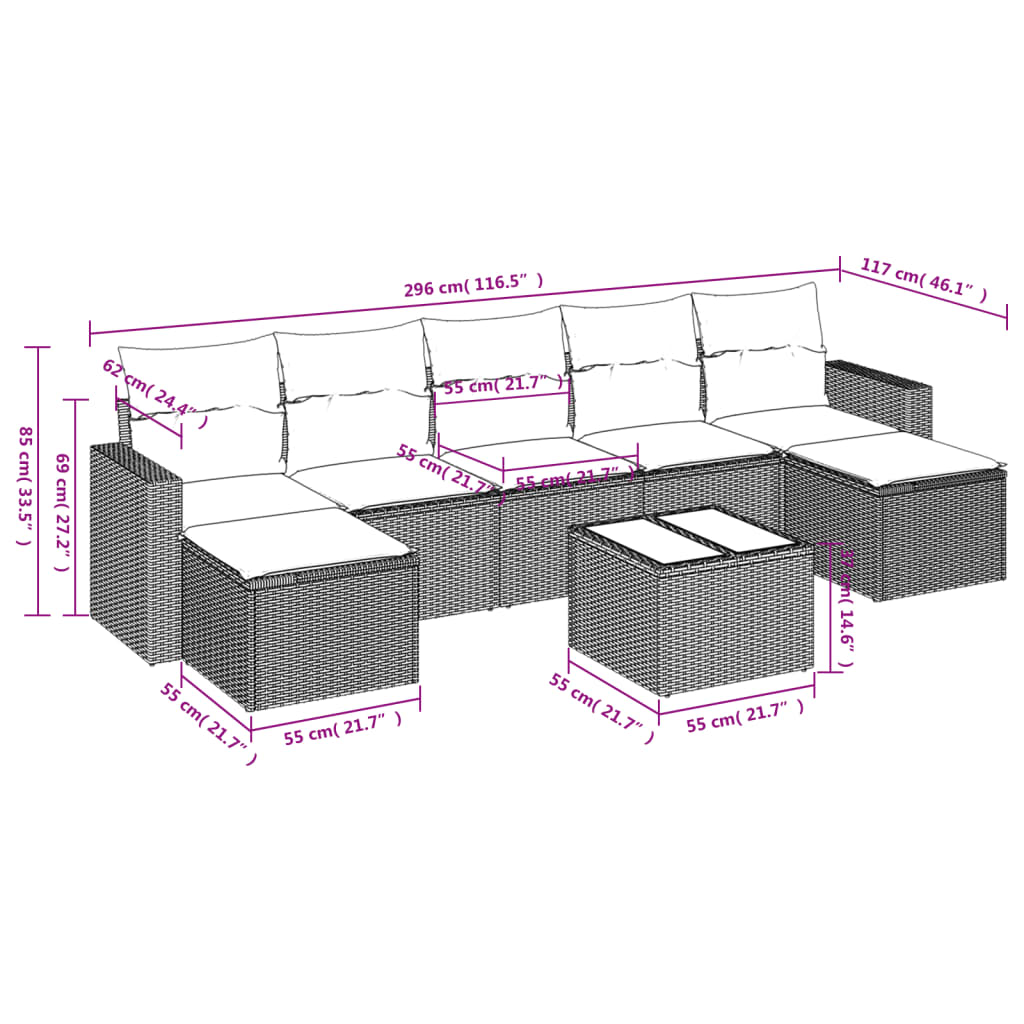 8-tlg. Garten-Sofagarnitur mit Kissen Hellgrau Poly Rattan