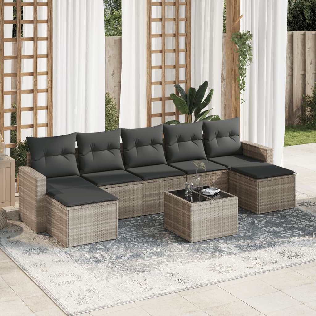 8-tlg. Garten-Sofagarnitur mit Kissen Hellgrau Poly Rattan