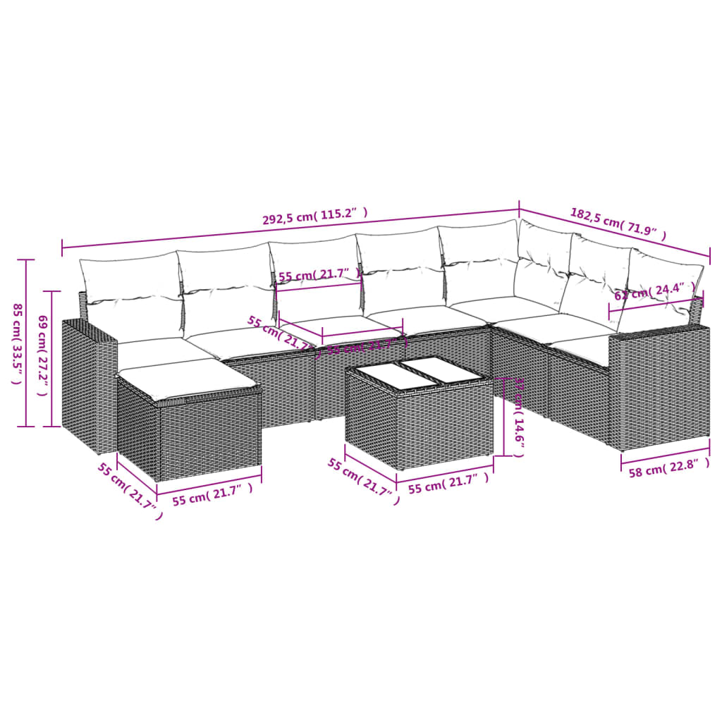 9-tlg. Garten-Sofagarnitur mit Kissen Schwarz Poly Rattan