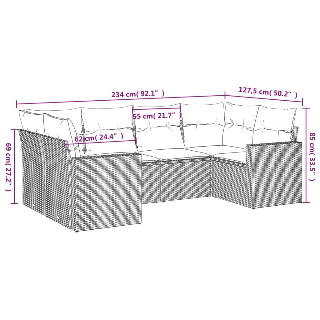 6-tlg. Garten-Sofagarnitur mit Kissen Grau Poly Rattan