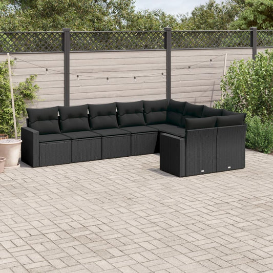 9-tlg. Garten-Sofagarnitur mit Kissen Schwarz Poly Rattan