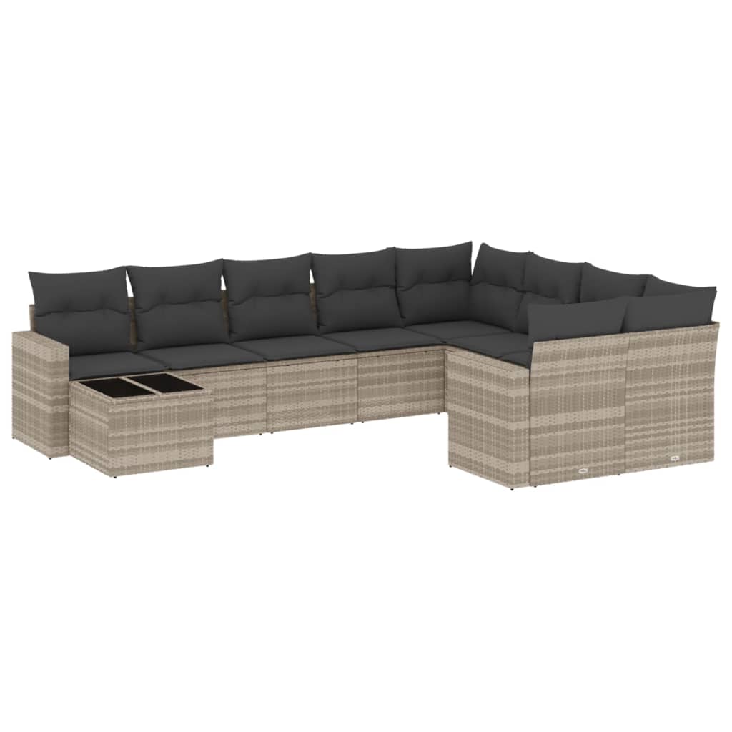 10-tlg. Garten-Sofagarnitur mit Kissen Hellgrau Poly Rattan