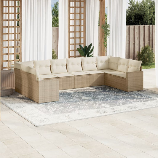 10-tlg. Garten-Sofagarnitur mit Kissen Beige Poly Rattan