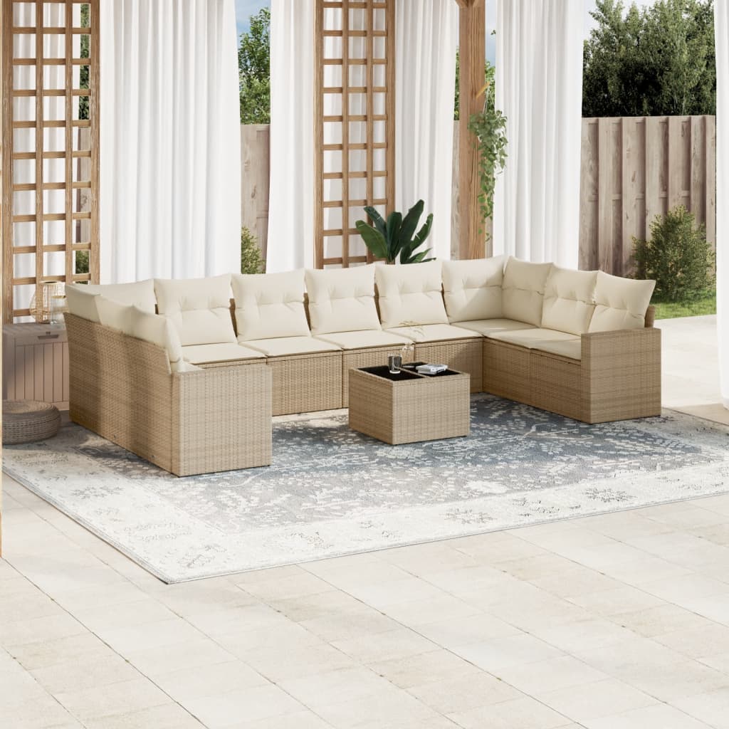 11-tlg. Garten-Sofagarnitur mit Kissen Beige Poly Rattan