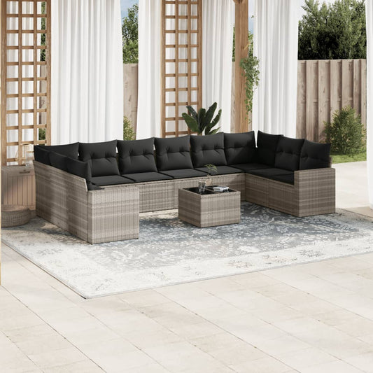 11-tlg. Garten-Sofagarnitur mit Kissen Hellgrau Poly Rattan