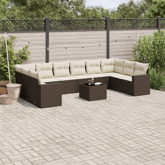 11-tlg. Garten-Sofagarnitur mit Kissen Braun Poly Rattan