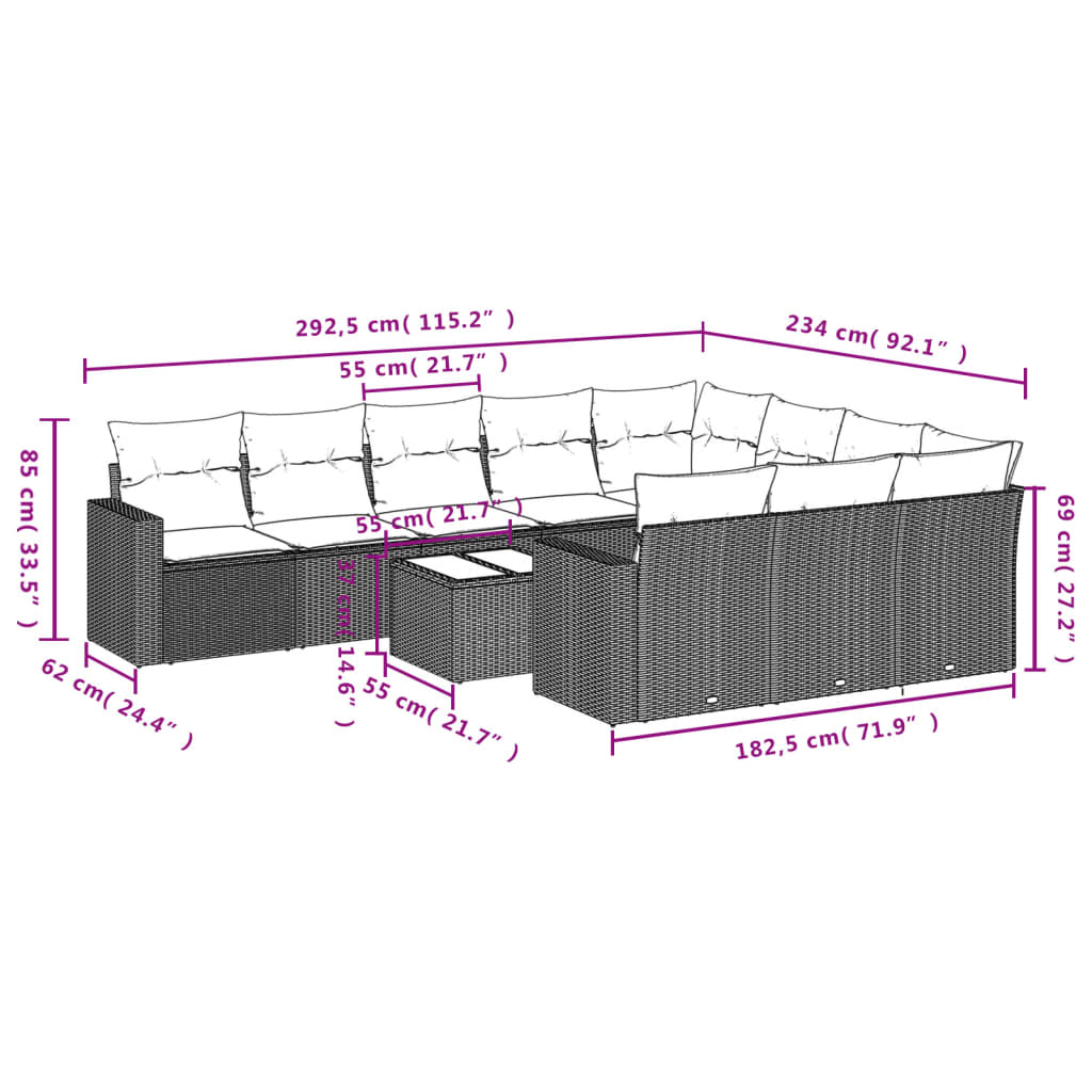 11-tlg. Garten-Sofagarnitur mit Kissen Schwarz Poly Rattan