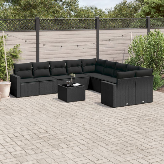 11-tlg. Garten-Sofagarnitur mit Kissen Schwarz Poly Rattan