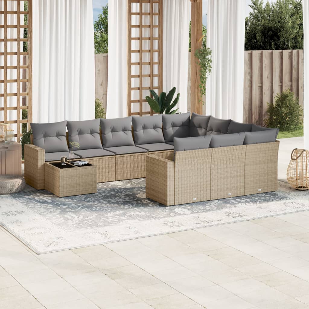 11-tlg. Garten-Sofagarnitur mit Kissen Beige Poly Rattan