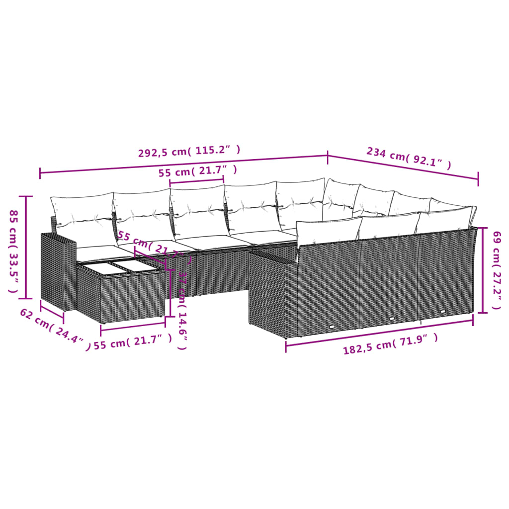 11-tlg. Garten-Sofagarnitur mit Kissen Braun Poly Rattan