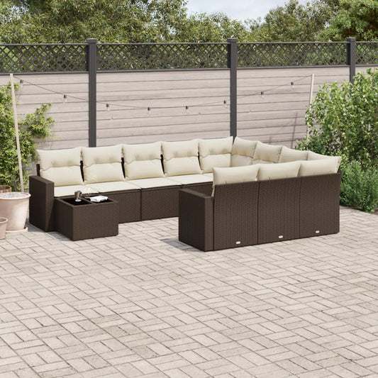 11-tlg. Garten-Sofagarnitur mit Kissen Braun Poly Rattan