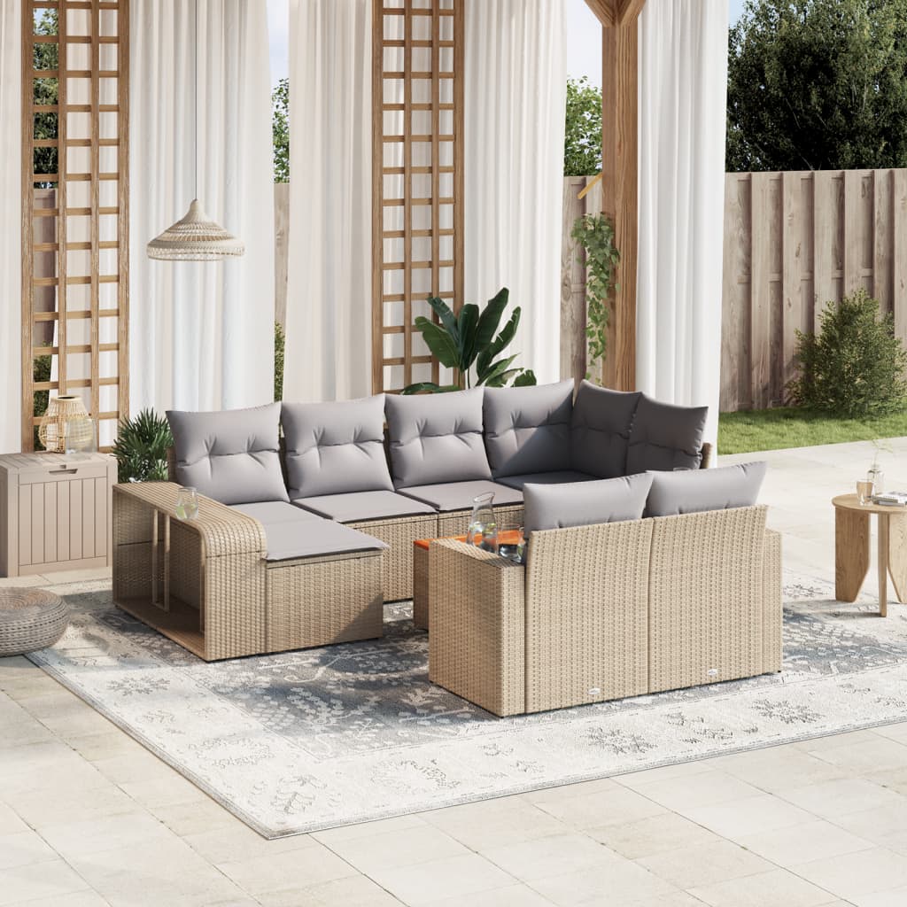 11-tlg. Garten-Sofagarnitur mit Kissen Beige Poly Rattan