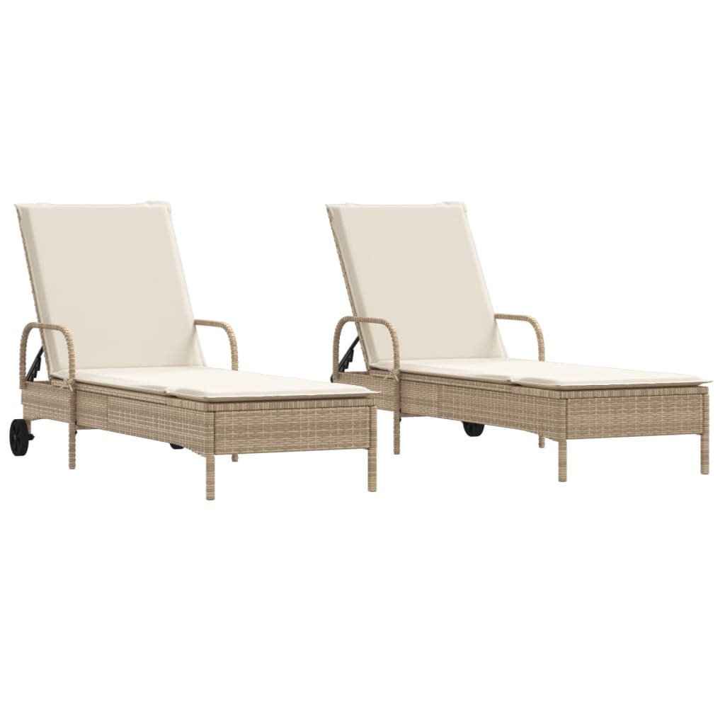 Sonnenliegen mit Auflagen 2 Stk. Beige Poly Rattan