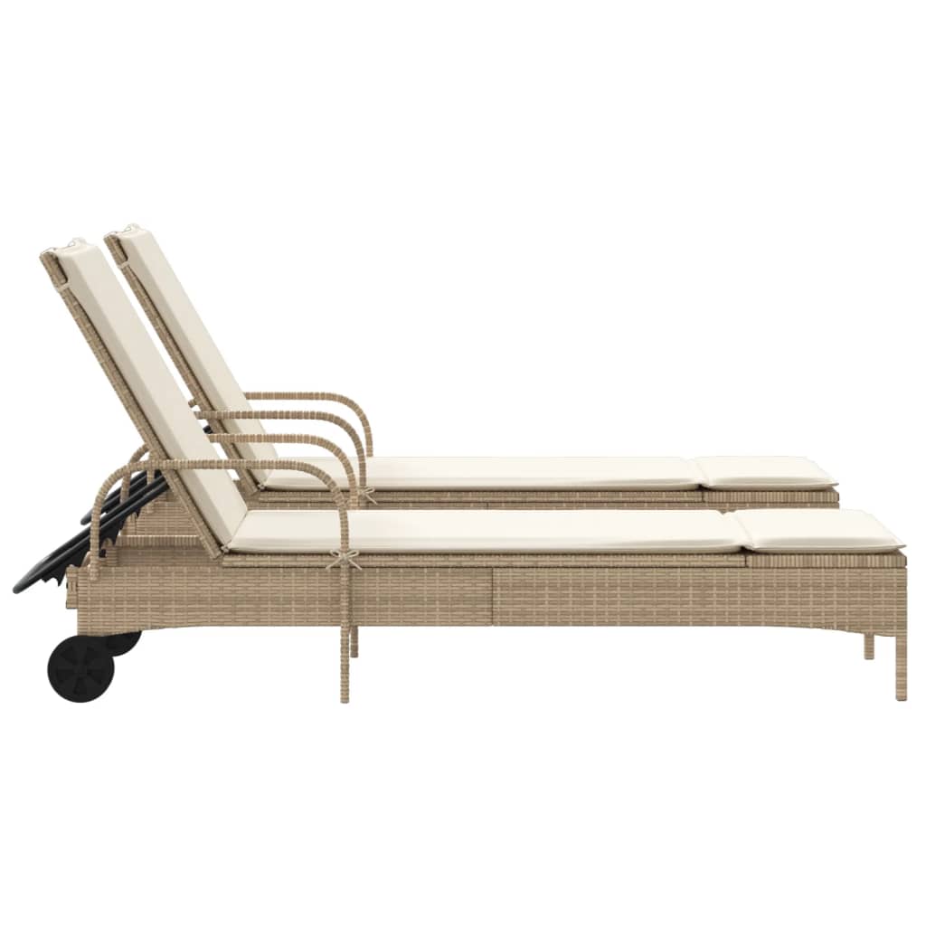 Sonnenliegen mit Auflagen 2 Stk. Beige Poly Rattan