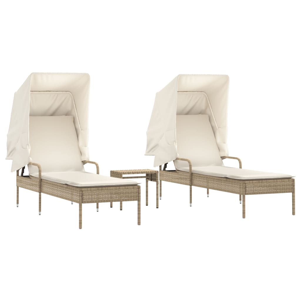 Sonnenliegen 2 Stk. mit Dach und Tisch Beige Poly Rattan