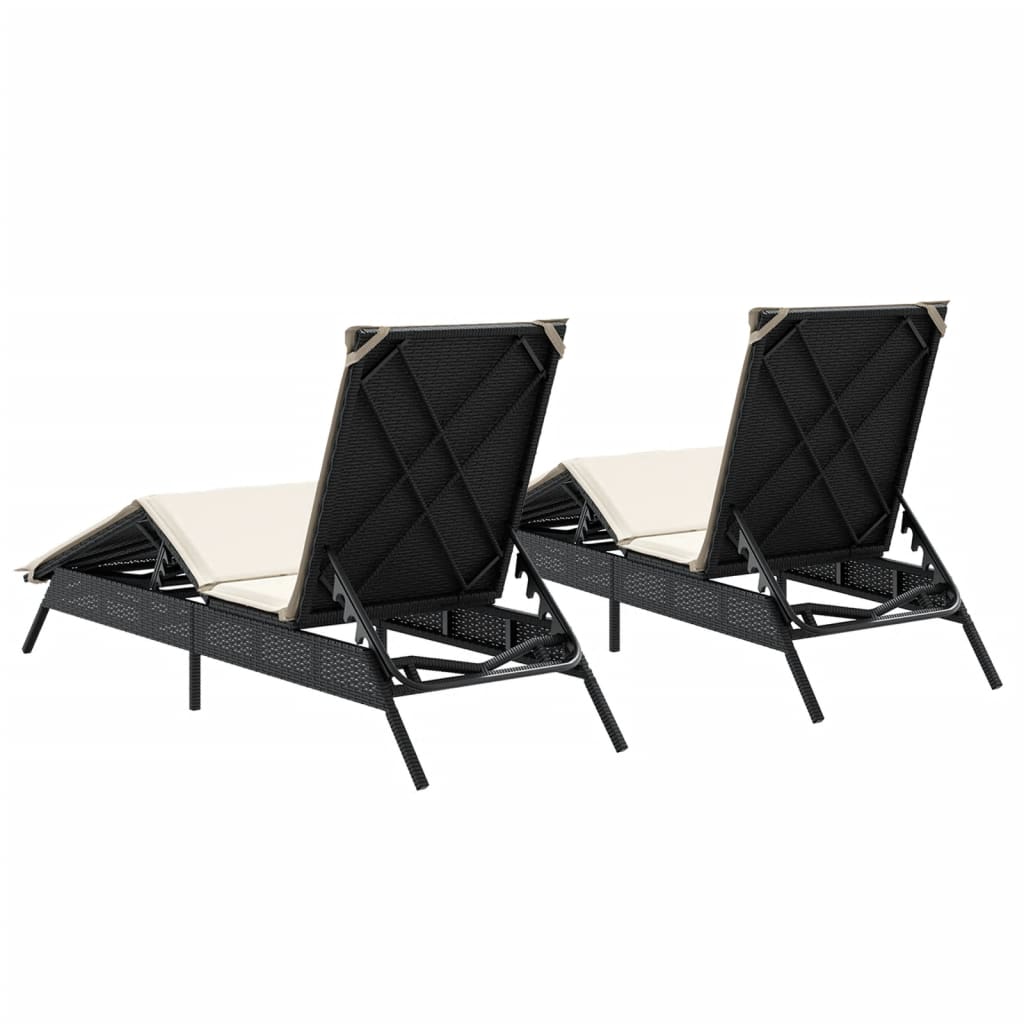 Sonnenliegen mit Auflagen 2 Stk. Schwarz Poly Rattan