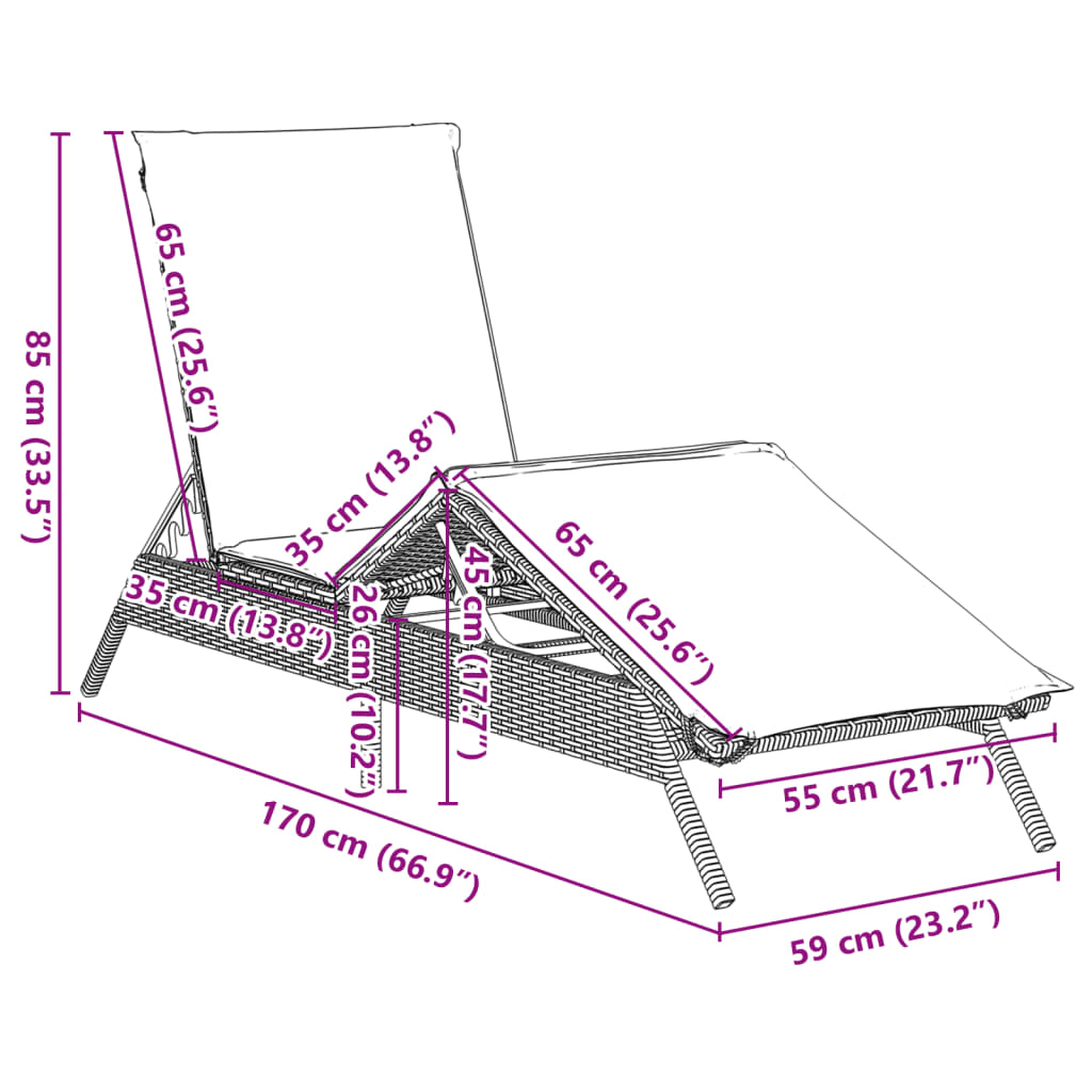 Sonnenliegen mit Auflagen 2 Stk. Grau Poly Rattan