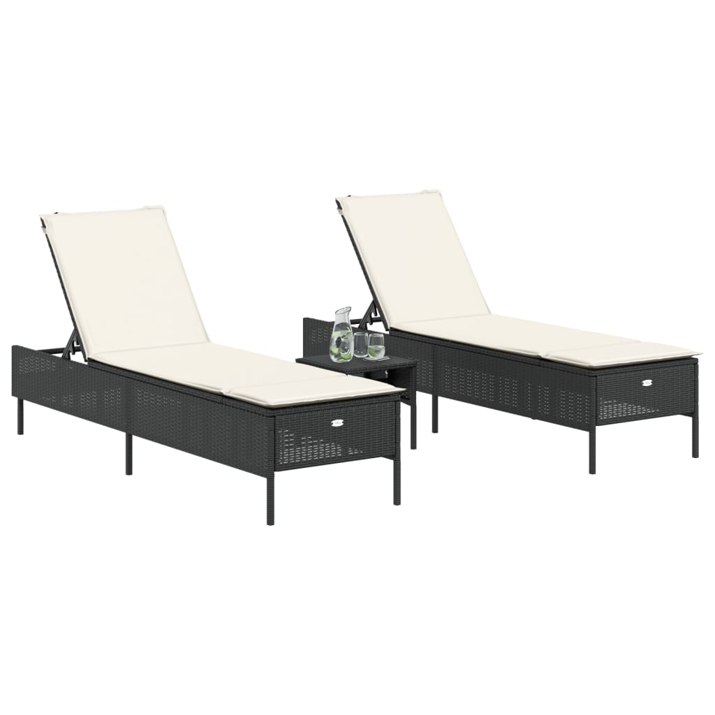 Sonnenliegen mit Auflagen 2 Stk. Schwarz Poly Rattan