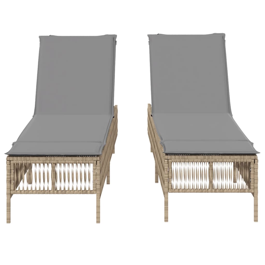 Sonnenliegen mit Auflagen 2 Stk. Beige Poly Rattan