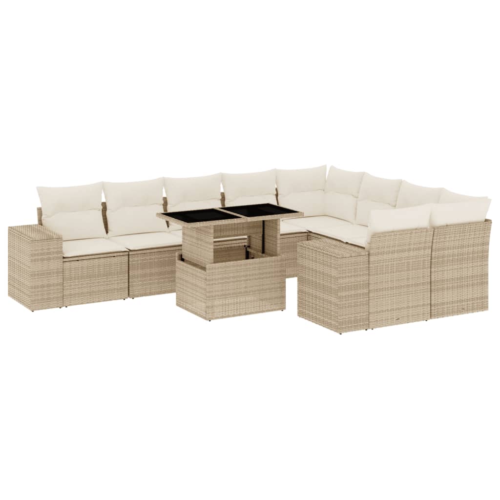 10-tlg. Garten-Sofagarnitur mit Kissen Beige Poly Rattan