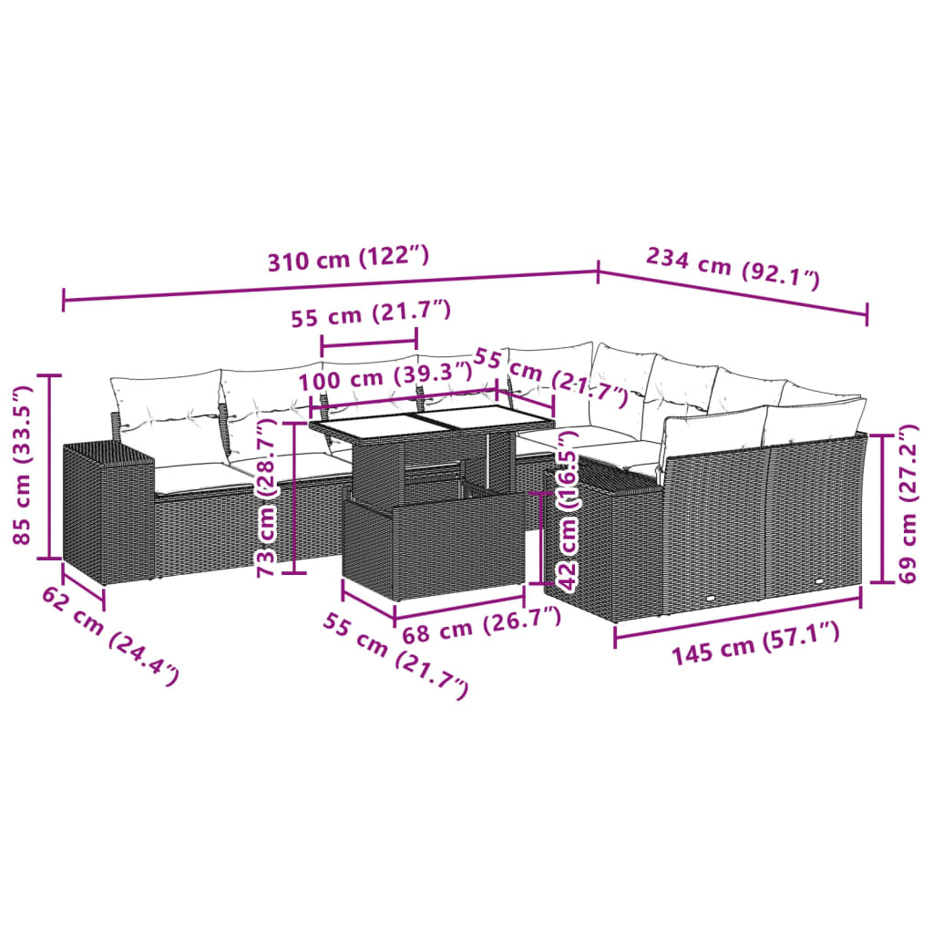 10-tlg. Garten-Sofagarnitur mit Kissen Braun Poly Rattan