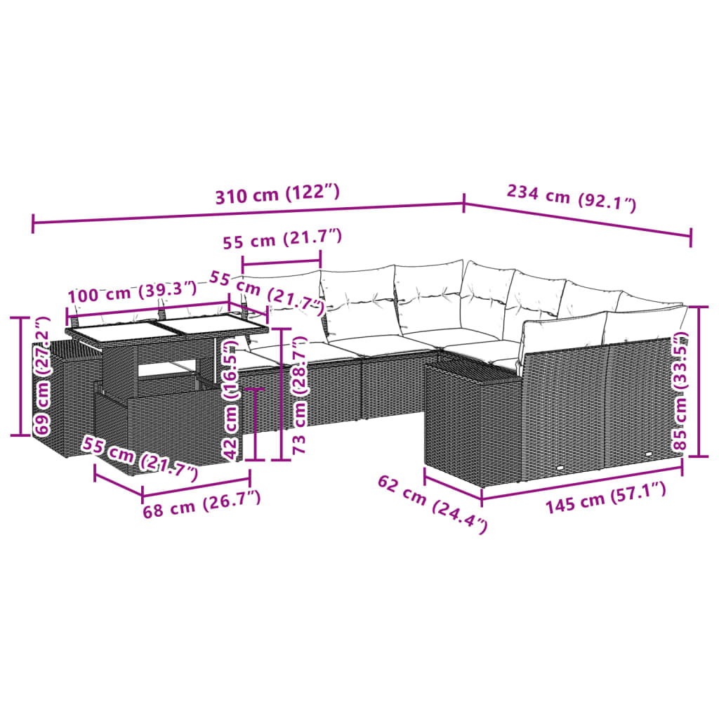 10-tlg. Garten-Sofagarnitur mit Kissen Braun Poly Rattan