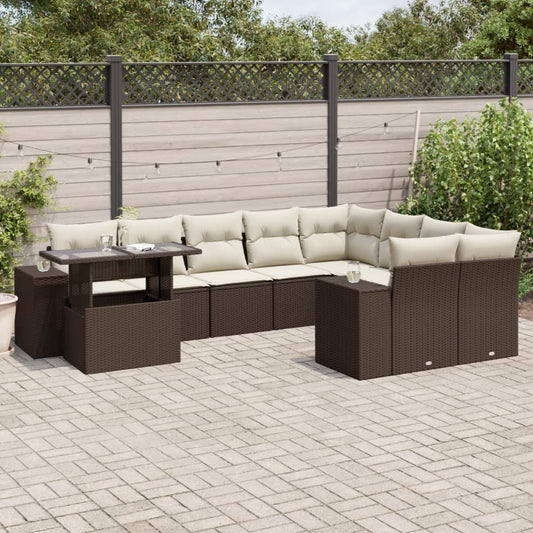 10-tlg. Garten-Sofagarnitur mit Kissen Braun Poly Rattan