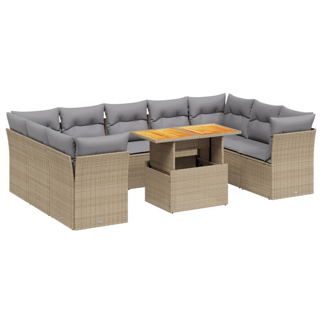 10-tlg. Garten-Sofagarnitur mit Kissen Beige Poly Rattan