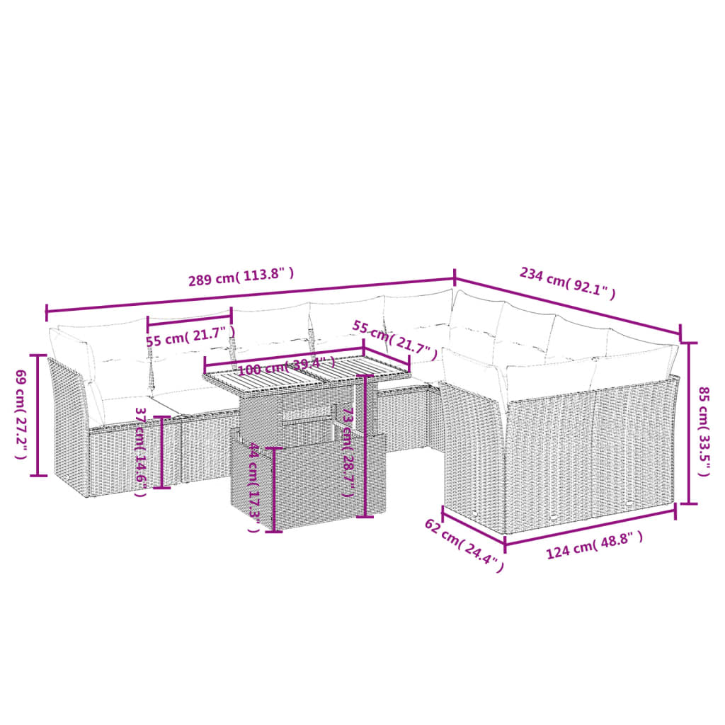 10-tlg. Garten-Sofagarnitur mit Kissen Grau Poly Rattan