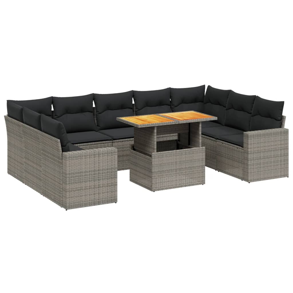 10-tlg. Garten-Sofagarnitur mit Kissen Grau Poly Rattan