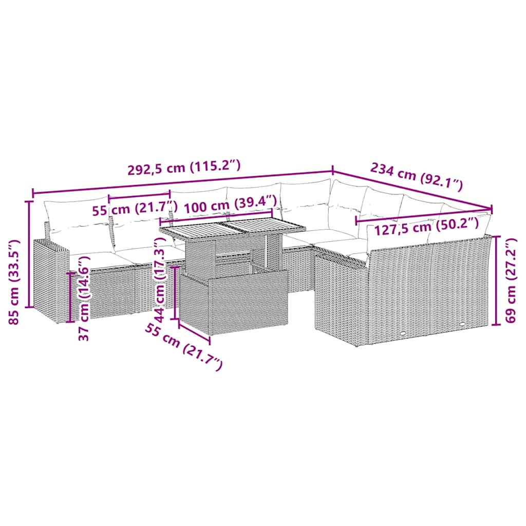 10-tlg. Garten-Sofagarnitur mit Kissen Beige Poly Rattan