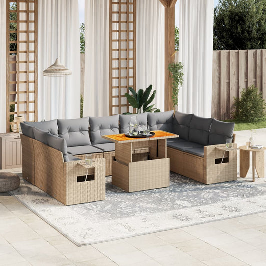 10-tlg. Garten-Sofagarnitur mit Kissen Beige Poly Rattan