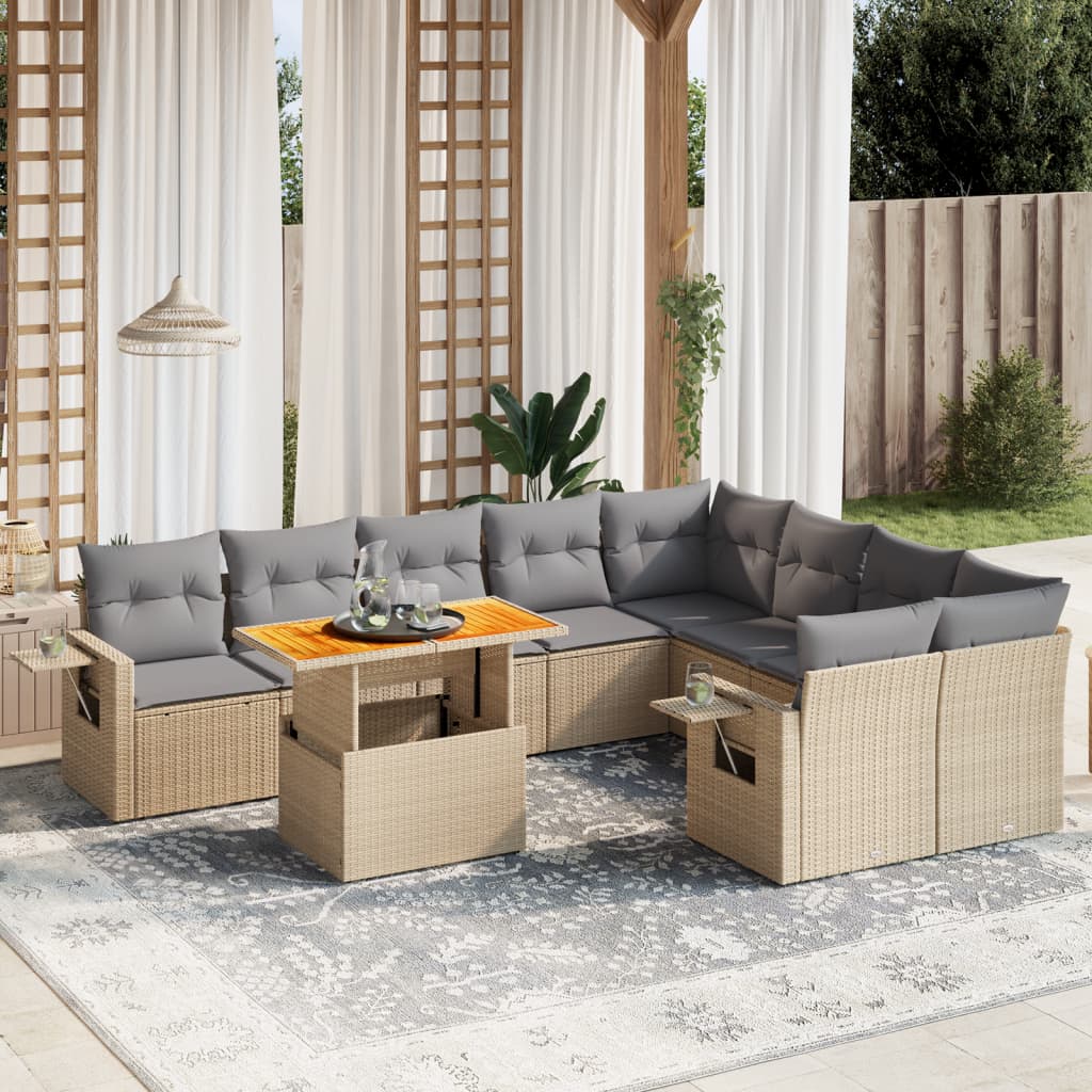 10-tlg. Garten-Sofagarnitur mit Kissen Beige Poly Rattan