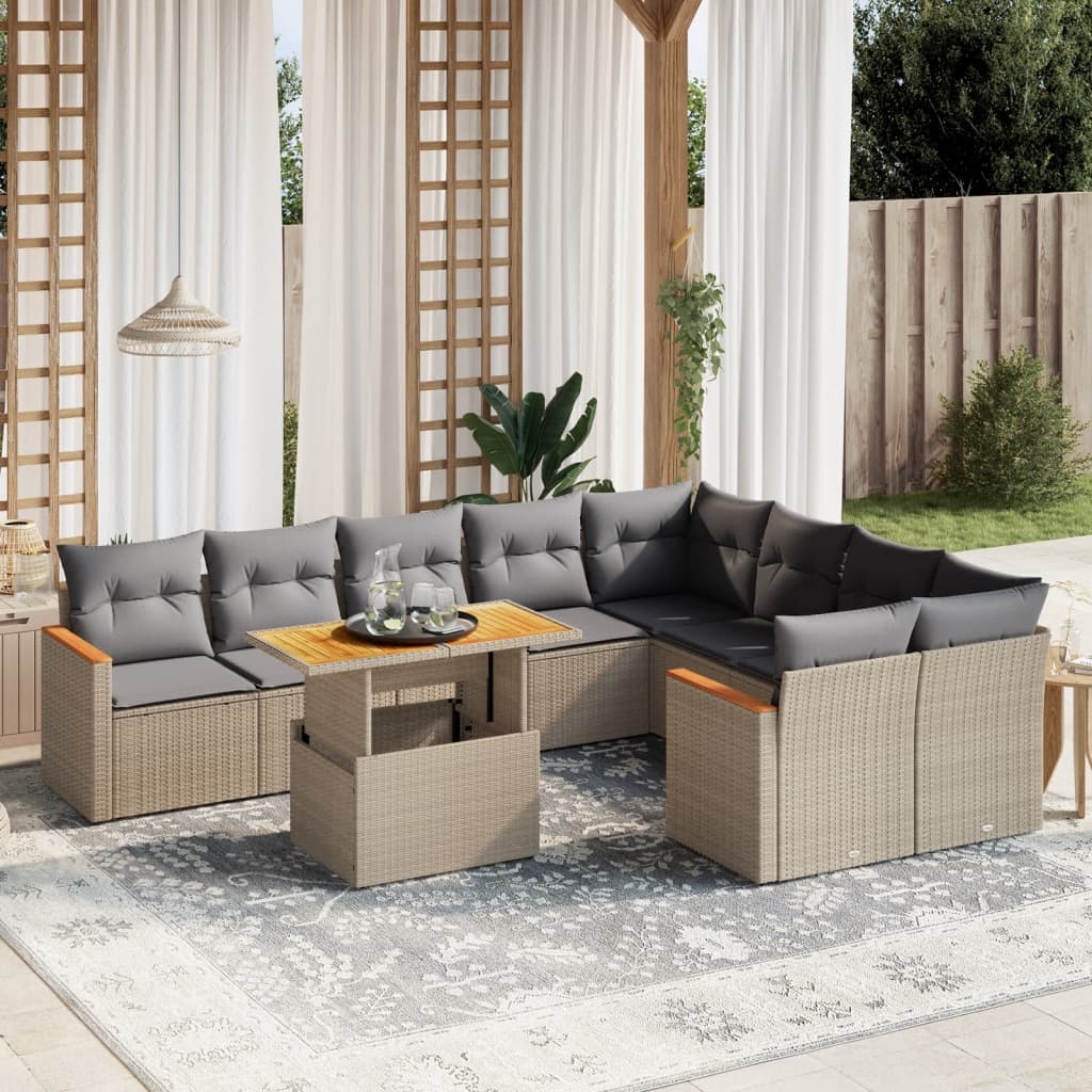 10-tlg. Garten-Sofagarnitur mit Kissen Beige Poly Rattan