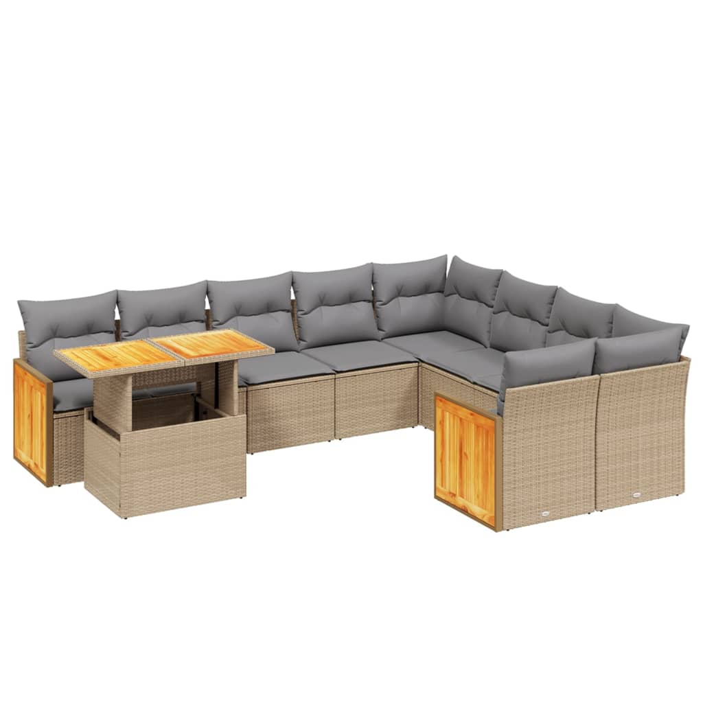 10-tlg. Garten-Sofagarnitur mit Kissen Beige Poly Rattan