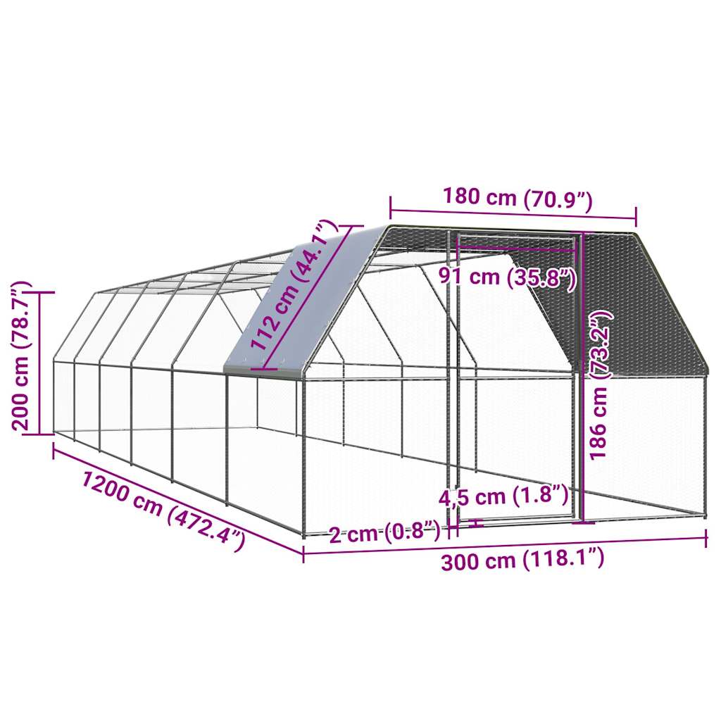 Hühnerkäfig 3x12x2 m Verzinkter Stahl