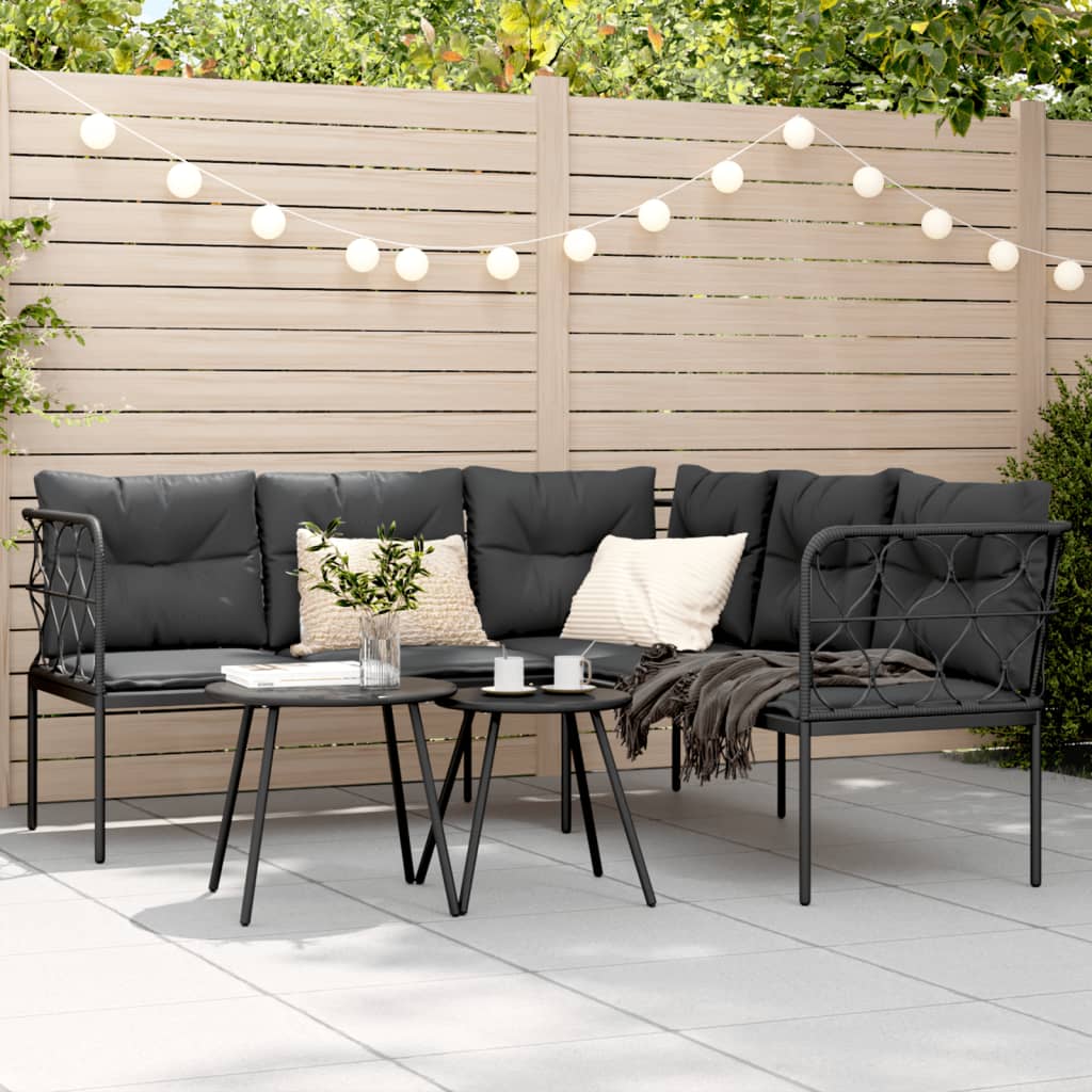 Gartensofa in L-Form mit Kissen Schwarz Stahl und Textilene